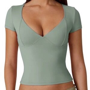 Qinsen Sweetheart Neck Short Sleeve Sculpting Crop Top | Sage Green | ? Small